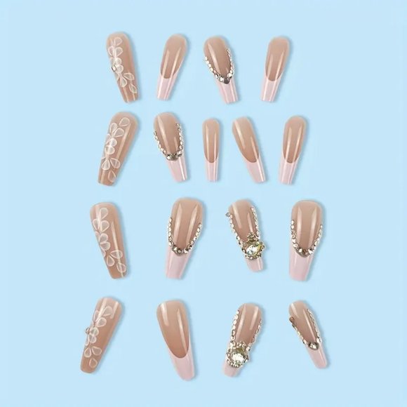 24 pcs Glossy Pink French Style Fake Nails with Flower Heart and 3D Rhinestone - Picture 6 of 9